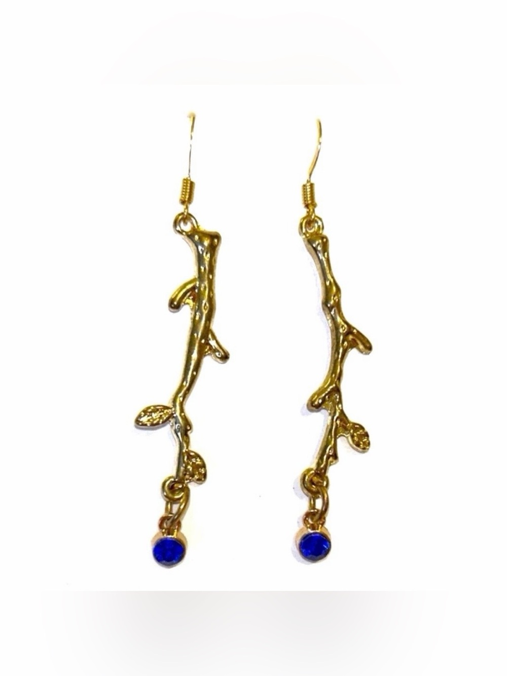 Gold Branch Drop Earrings with Blue Stone